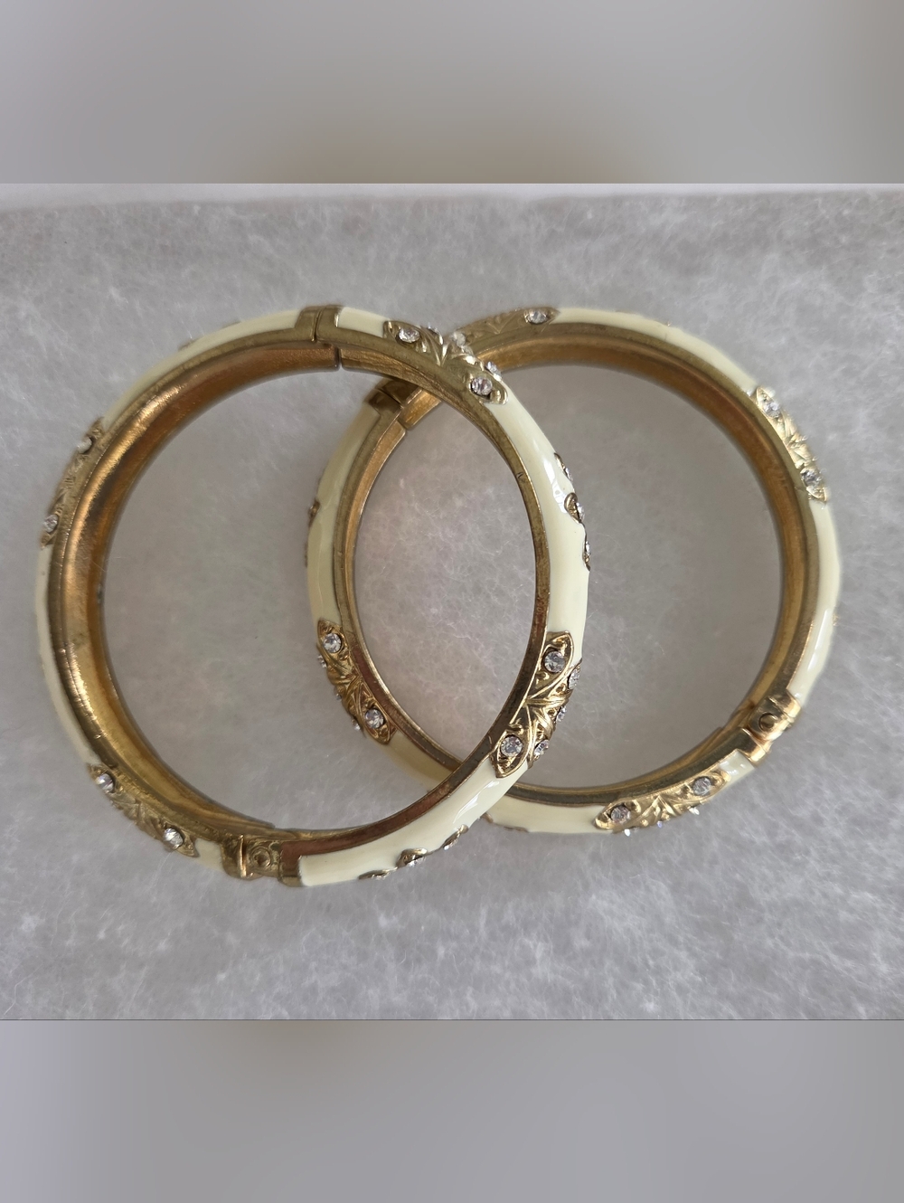 Gold and Cream Crystal Accent Hinged Bangle Bracelet - Women Jewelry